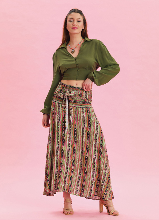 Gipe Waist Tied Khaki Patterned Long Skirt 4496